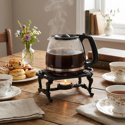Cast Iron Teapot Warmer | Heavy-duty Teapot Heater with Tealight Holder, Handle, Kettle Stand Coffee Cup Base for Heating Milk, Food, Tea, Soup
