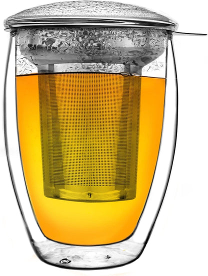 Creano Tea Glass with Infuser and Lid 400ml - Large Tea Cup - Microwave & Dishwasher Safe - Loose Leaf Tea Maker Gift Set