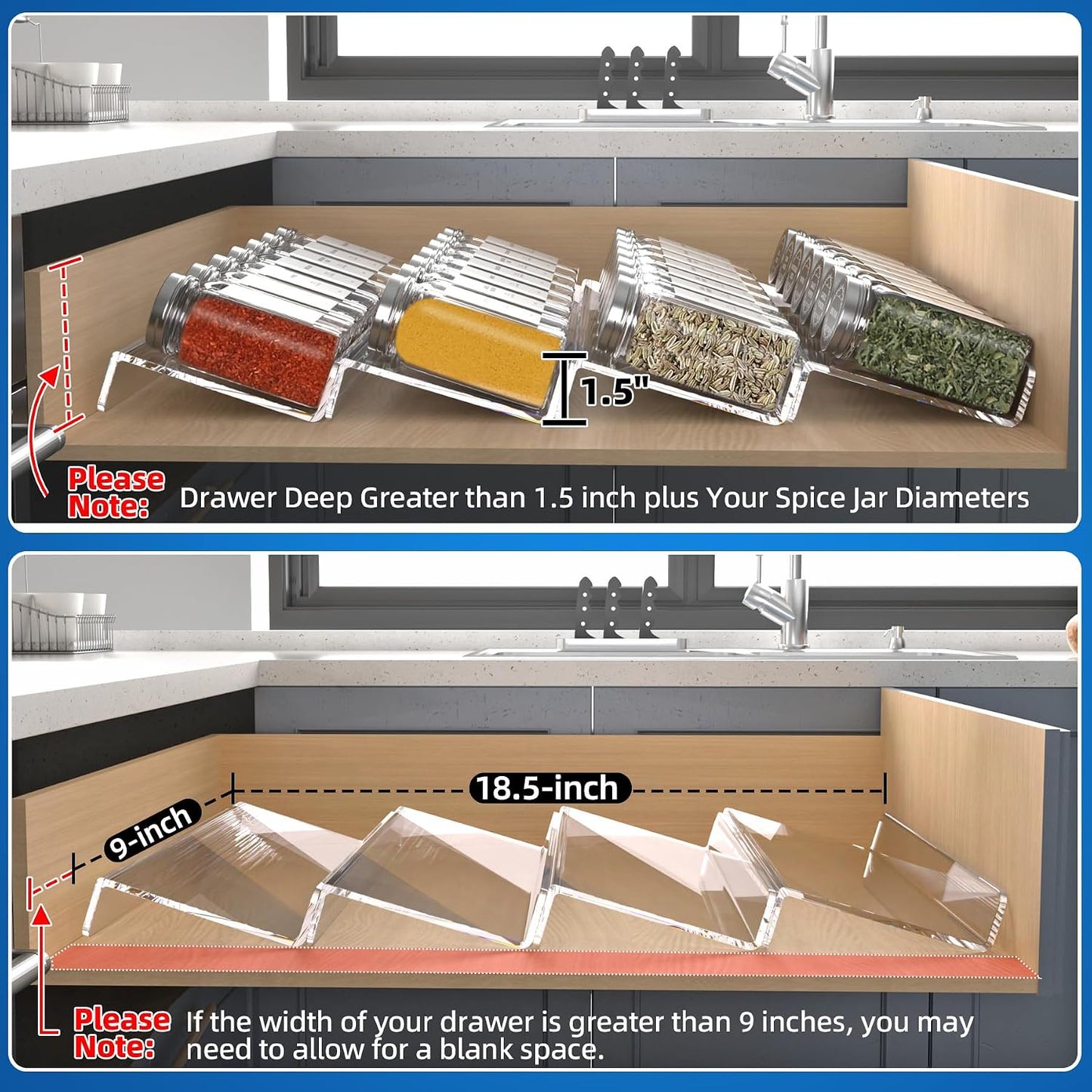 MIUKAA Clear Acrylic Spice Drawer Organizer, 4 Tier- 2 Set Expandable From 9" to 18" Seasoning Jars Drawers Insert, Kitchen Spice Rack Tray for Drawer/Countertop (Jars not included)