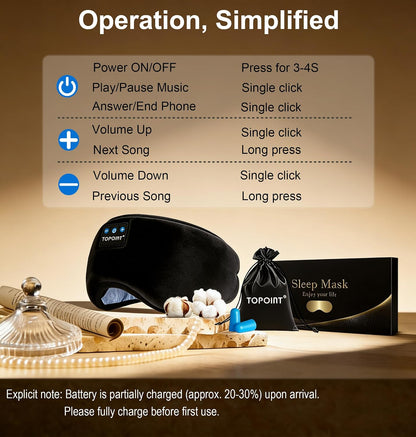 TOPOINT Sleep Mask Headphones Bluetooth Wireless 5.4, Breathable Cotton Eye Mask for Sleeping Side Sleepers Travel Music Headsets with Microphone Handsfree Men Women