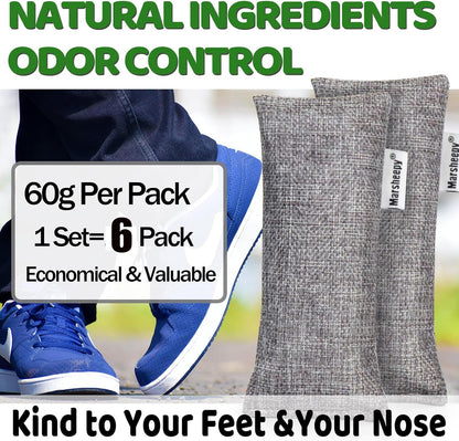 6 Pack Activated Charcoal Shoe Odor Eliminator, Shoe Deodorizer insert Bag | 100% Natural Shoes Smell Remover，eliminates odor naturally,(60g X 6 PACK)