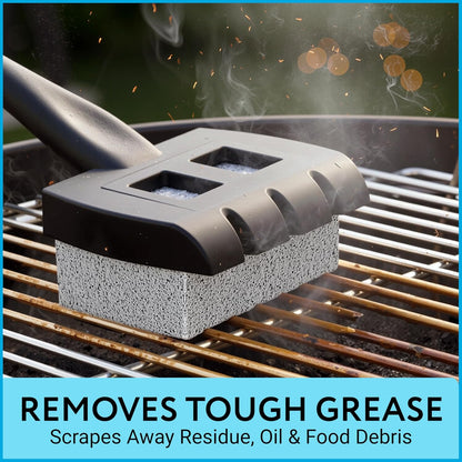 Impresa Pumice Stone Grill Brush - 5 x 2 in Head, 16 in Handle, Pack of 3 Replacement Bricks - Grease Removal BBQ Cleaning Stone - Ergonomic Long Handle Griddle Cleaning Kit - Versatile Grill Scraper