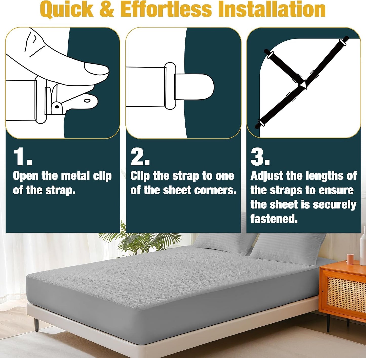 4 Pack Adjustable Elastic Straps with Metal Clips, Bed Sheet Fasteners, Bedding Suspenders for Mattress Covers, Bed Corner Holders and Keepers (White)