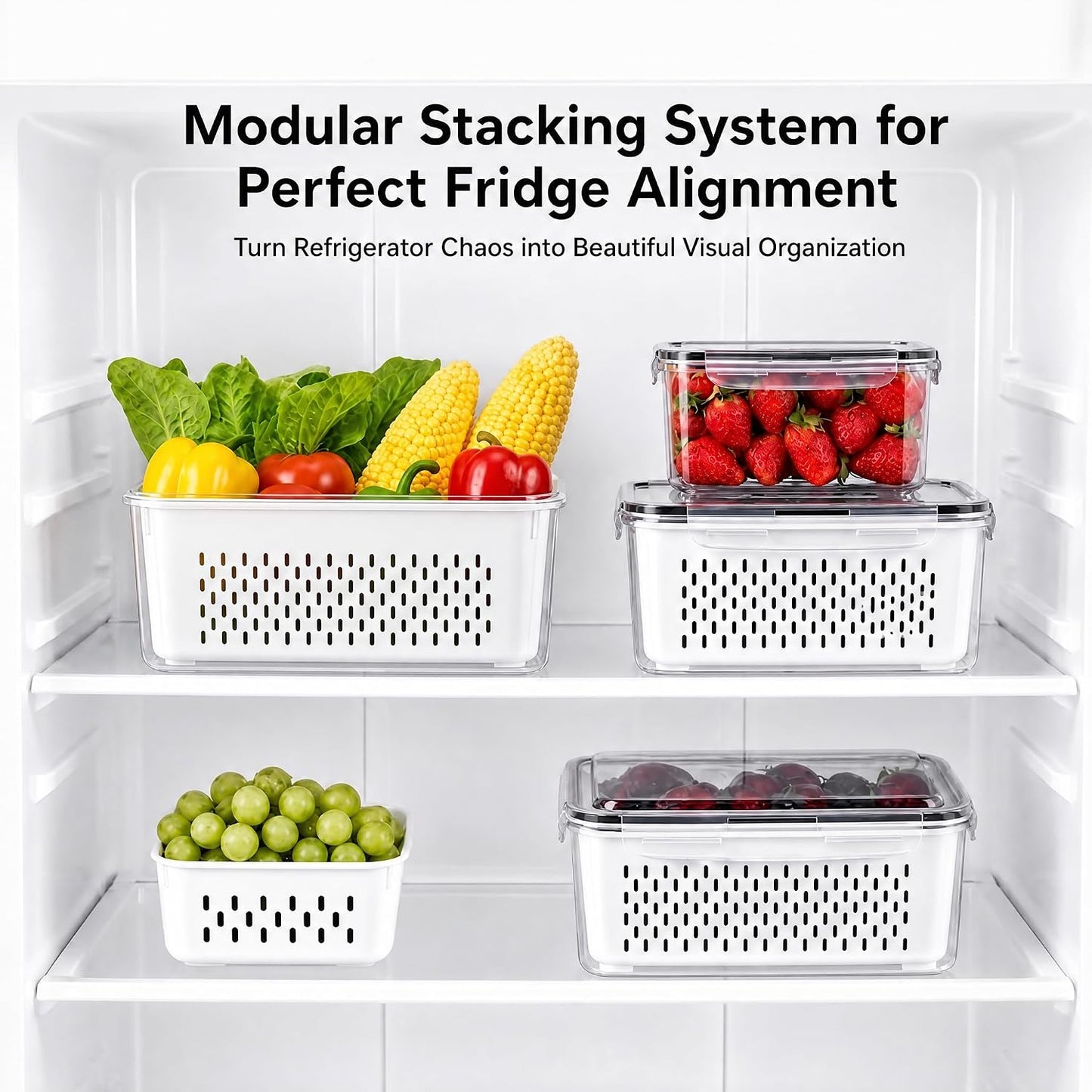 Fruit Storage Containers for Fridge with Lids, Fridge Organizers and Storage Produce Saver Box with Removable Drain Basket for Fruit Berry Salad Vegetable Meat, 380ml to 3150ml (4 Pack)