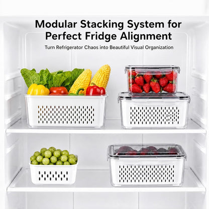 Fruit Storage Containers for Fridge with Lids, Fridge Organizers and Storage Produce Saver Box with Removable Drain Basket for Fruit Berry Salad Vegetable Meat, 380ml to 3150ml (4 Pack)