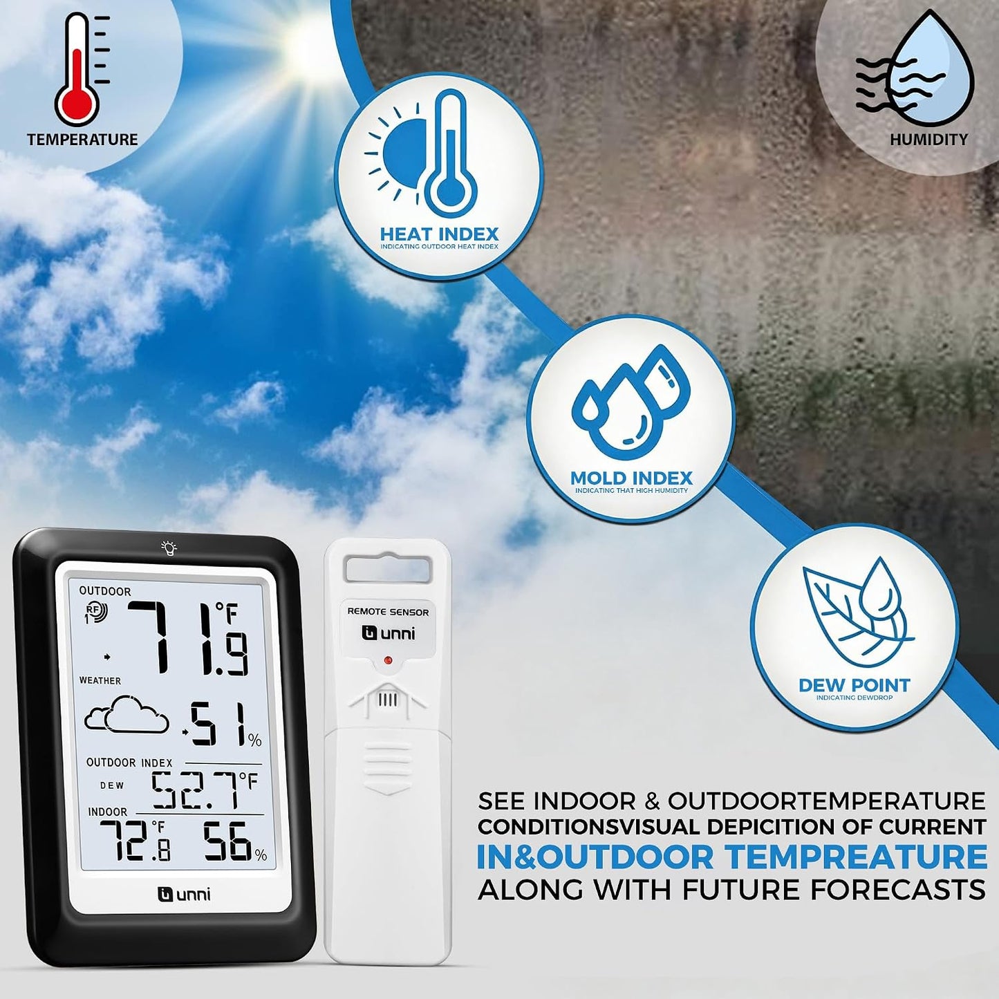 Indoor Outdoor Thermometer Hygrometer Wireless Weather Station, Temperature Humidity Monitor Battery Powered Inside Outside Thermometers with 330ft Range Remote Sensor and Backlight Display