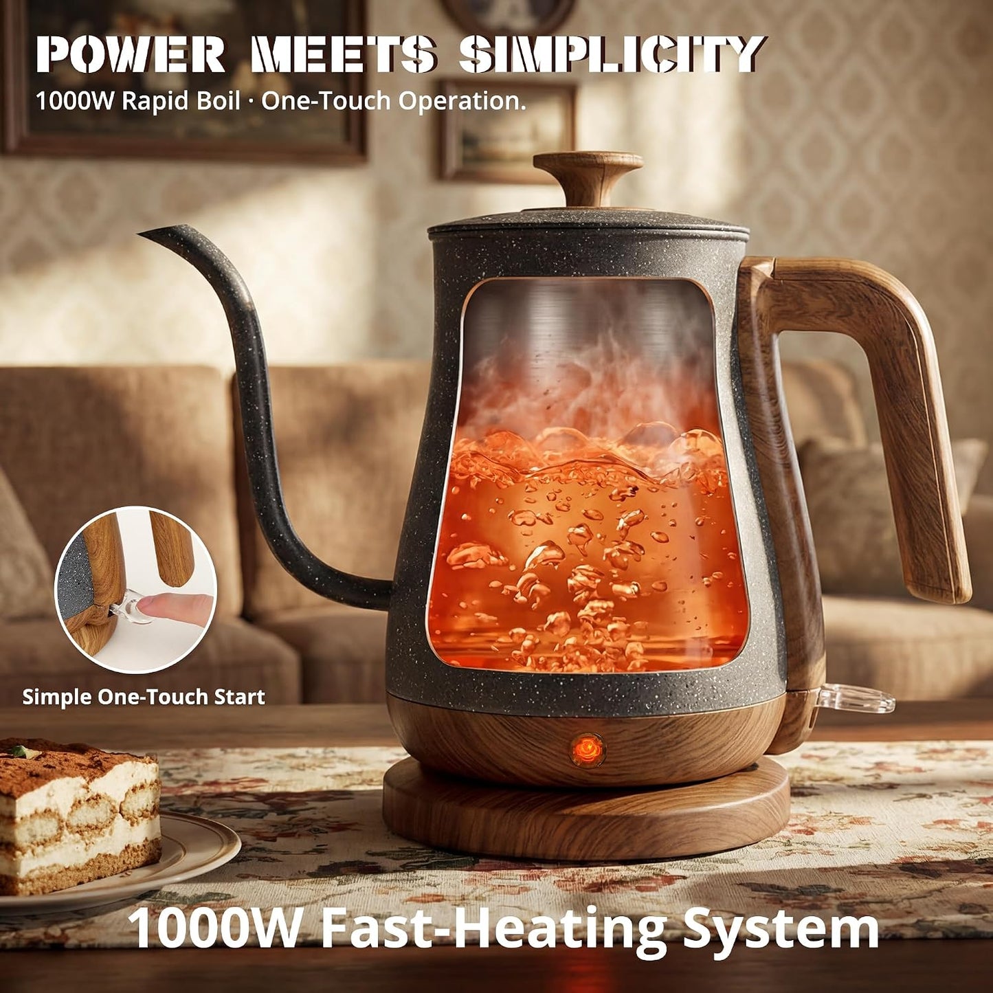 Gooseneck Electric Kettle, 0.8 L, 1000 W, Auto Shut-Off, Light Green | Compact 0.8 L Kettle With Stainless Steel Interior, Gooseneck Pour, Wood-Grain Handle, Auto Shut-Off And Boil-Dry Protection