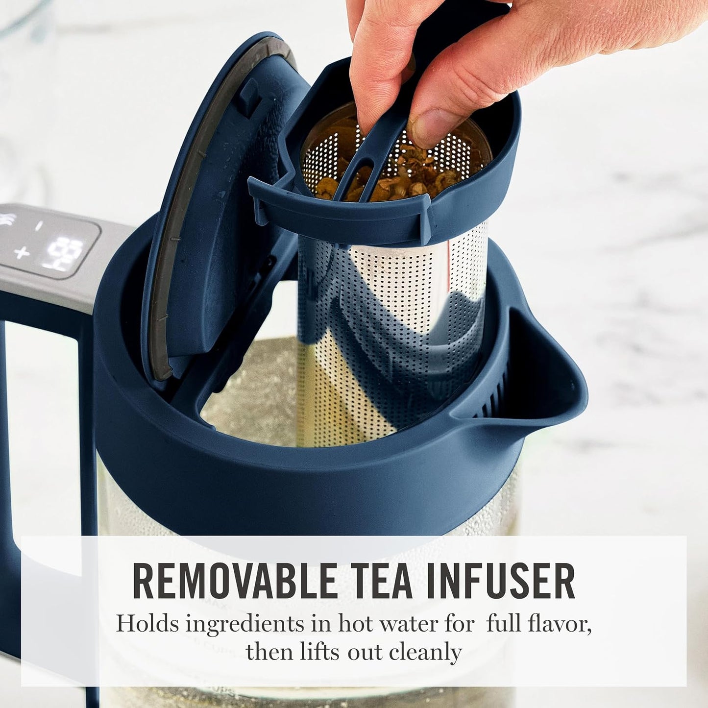 Martha Stewart 1.7L Glass Carafe Electric Kettle with Removable Tea Infuser | 7 Cups, 4 Presets, Rapid Boiling, Stainless Steel Tea Leaf Infuser, Cordless Swivel Base, Keep Warm, Auto Shut-Off, Linen