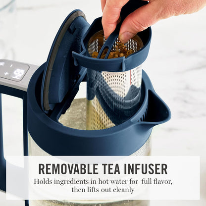 Martha Stewart 1.7L Glass Carafe Electric Kettle with Removable Tea Infuser | 7 Cups, 4 Presets, Rapid Boiling, Stainless Steel Tea Leaf Infuser, Cordless Swivel Base, Keep Warm, Auto Shut-Off, Linen