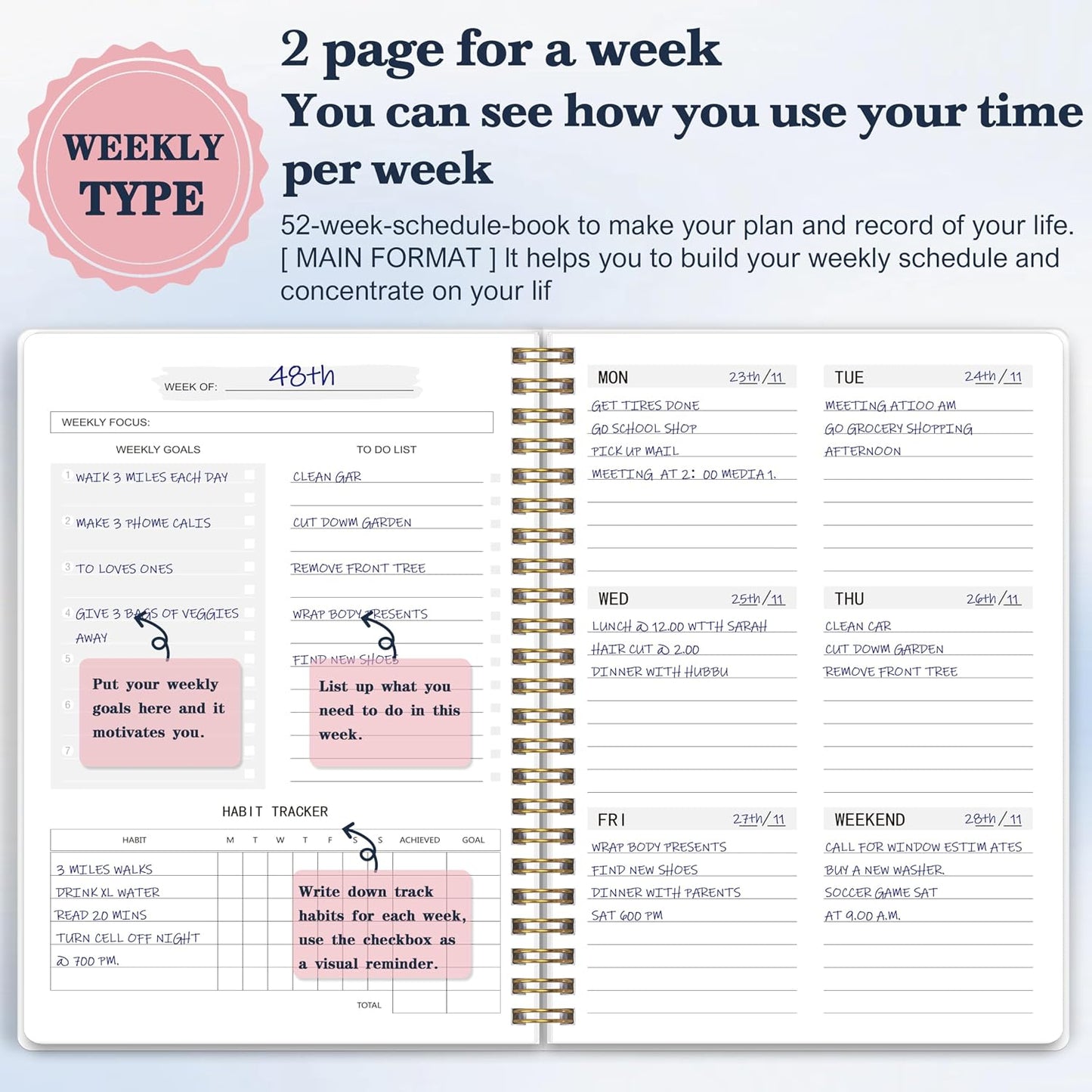 Undated Weekly Planner With Habit Tracker & To Do List 5.7 x 8.0 inch | Avoid Unfocused Busywork,Productivity Organizer,No-Bleed Thick Pages,Portable Size,Lay-Flat Spiral for Hands Free