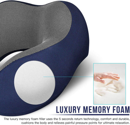 MLVOC Airplane Travel Neck Pillow for Sleeping, 3D-Eye Mask & Earplugs Kit | Curved Neck & Chin Support, Rope Lock Fit, Memory Foam Keeps It’s Shape, 3-in-1 Ki Includes: Eye Mask + Earplugs