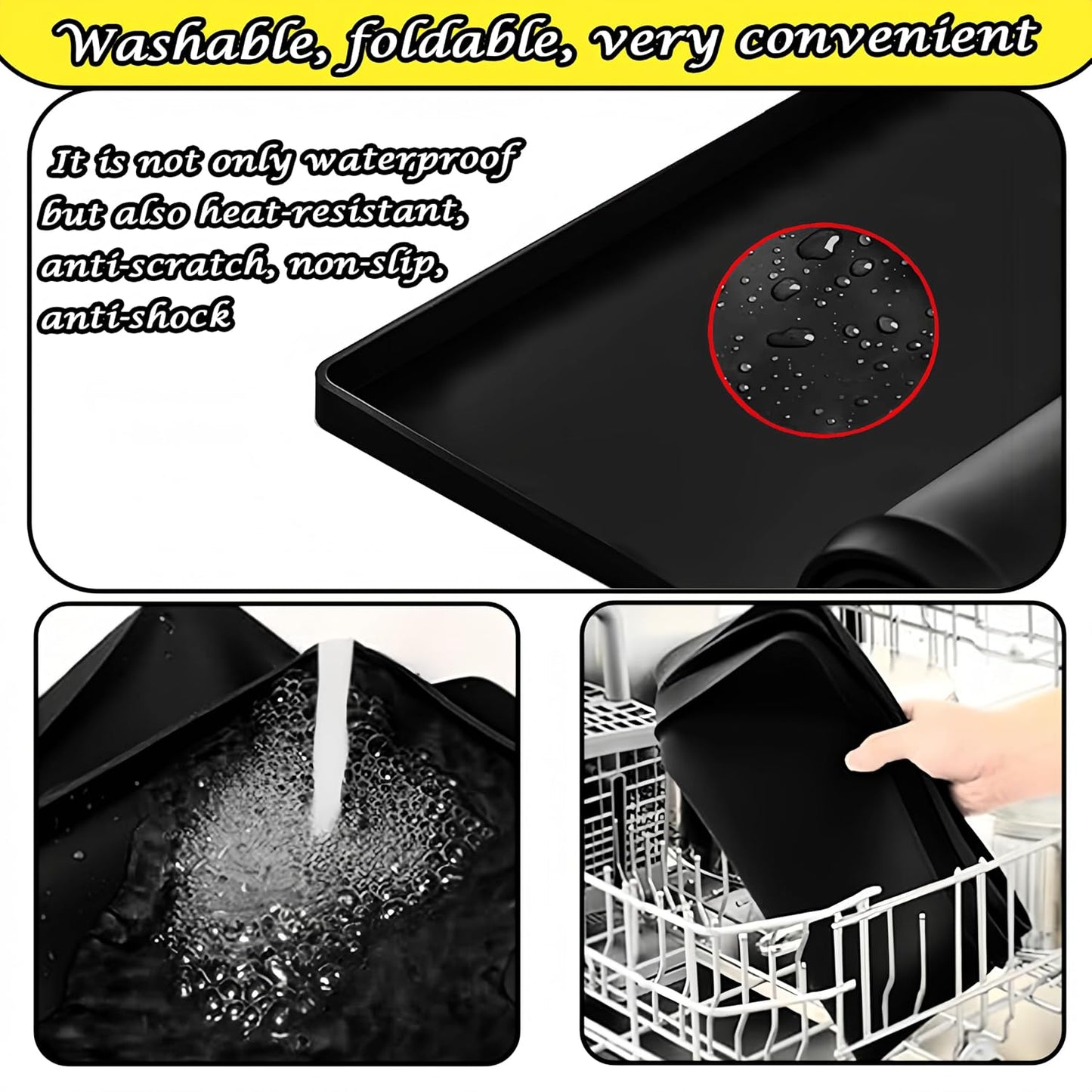 27×27inch Washer Drain Pan Silicone Mat, With Raised Edge Washing Machine Silicone Mat, Multi-function Non Slip, Soft Foldable Portable Waterproof Pad（black）