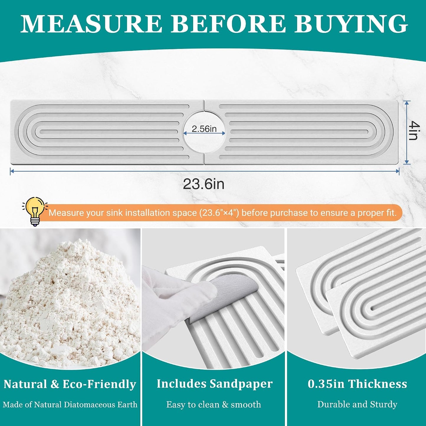 Stone Faucet Mat for Kitchen Sink - Quick Dry Diatomite Sink Splash Guard, Prevents Moisture Buildup & Water Stains, Water Absorbing Stone Tray for Bathroom Countertop (Dark Gray, 23.6" x 4")