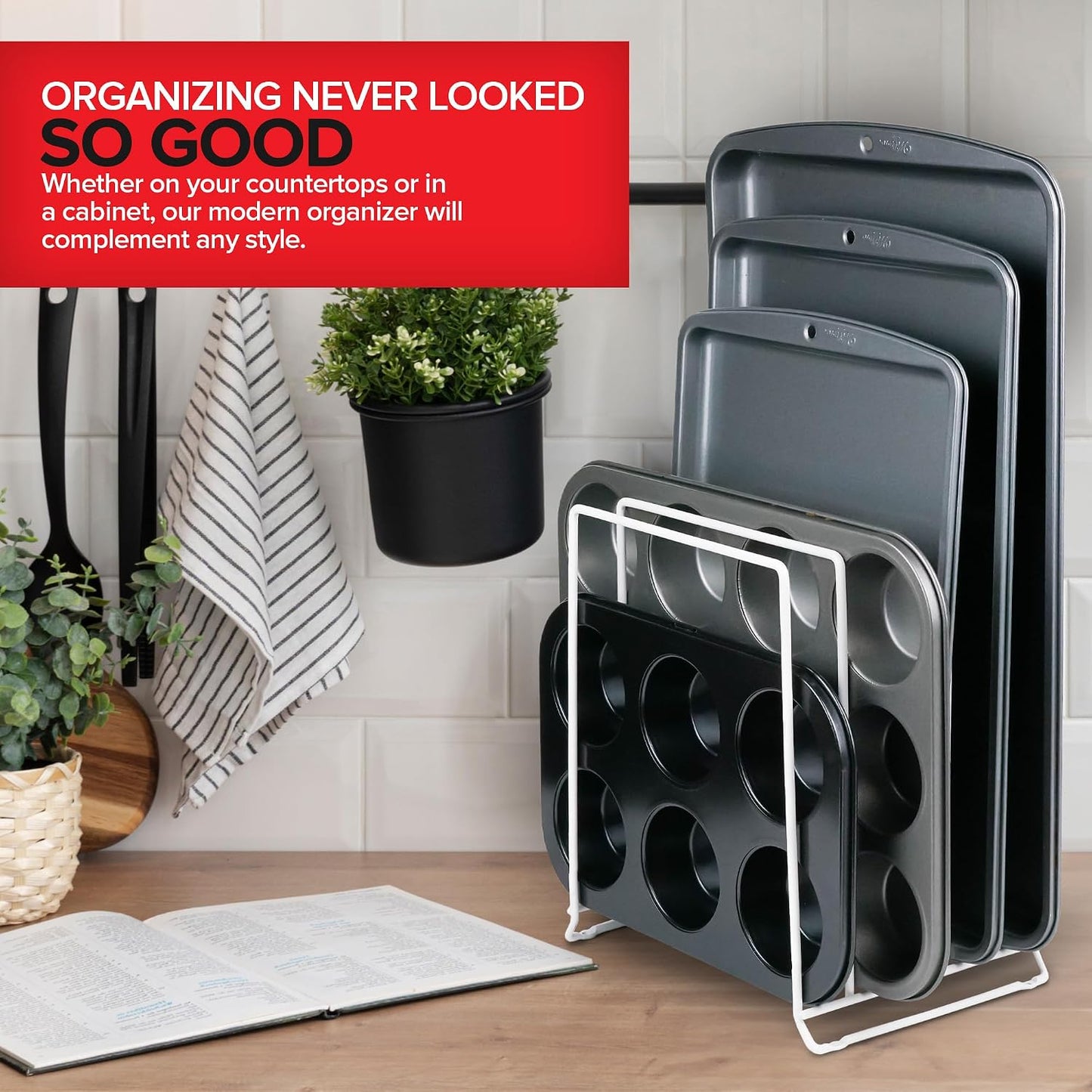Stock Your Home Black (2 Pack) Extra Tall Steel Baking Pan Organizer Rack for Cabinet Storage or Kitchen Counter, Cookie Baking Sheet Organizer with Dividers, Muffin Tin and Cutting Board Holder