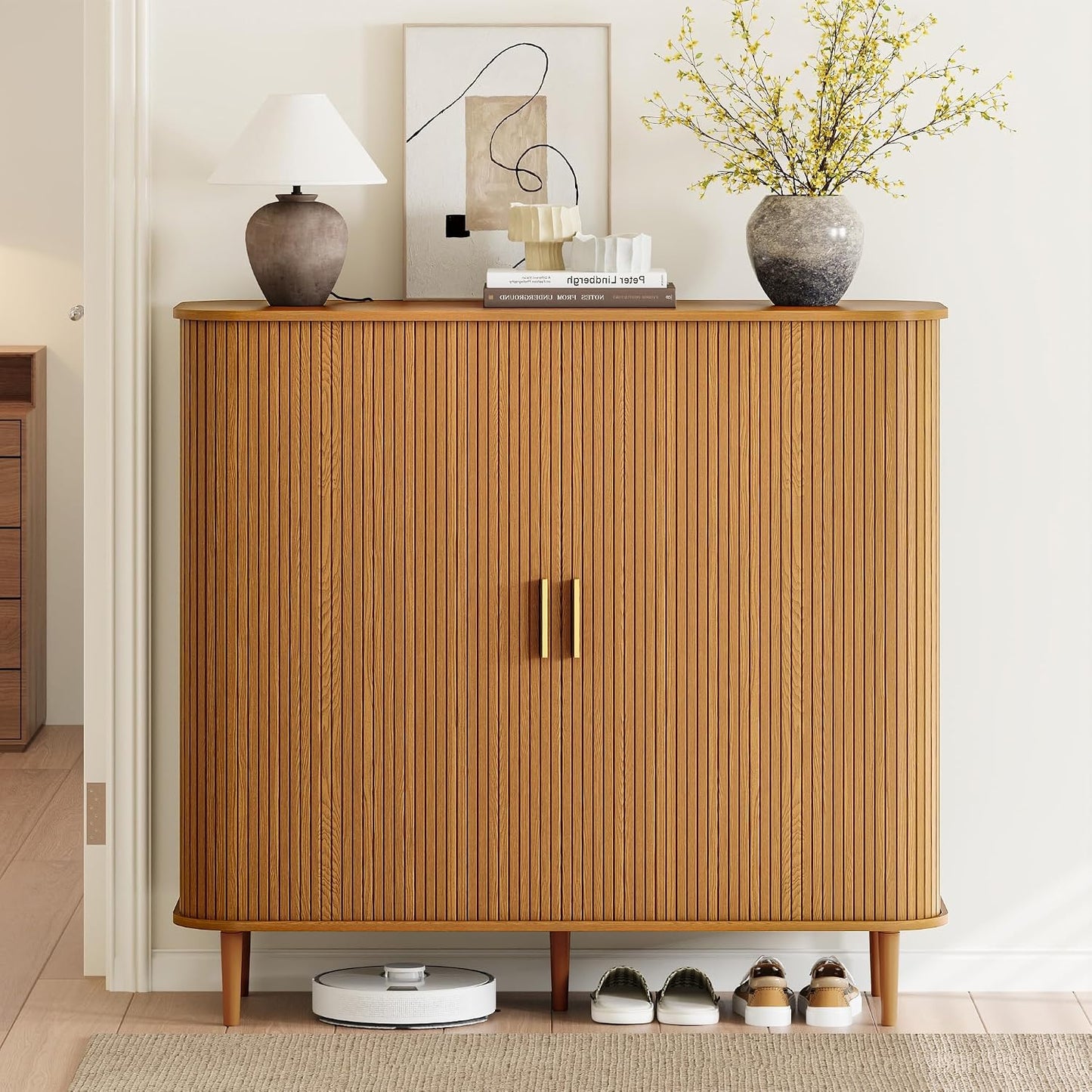 DHH Shoe Storage Cabinet with Sliding Door, 6-Tier Shoe Cabinet with Adjustable Shelves, Modern Freestanding Shoe Storage Organizer for Entryway, Hallway, Living Room (Walnut, 47 ")