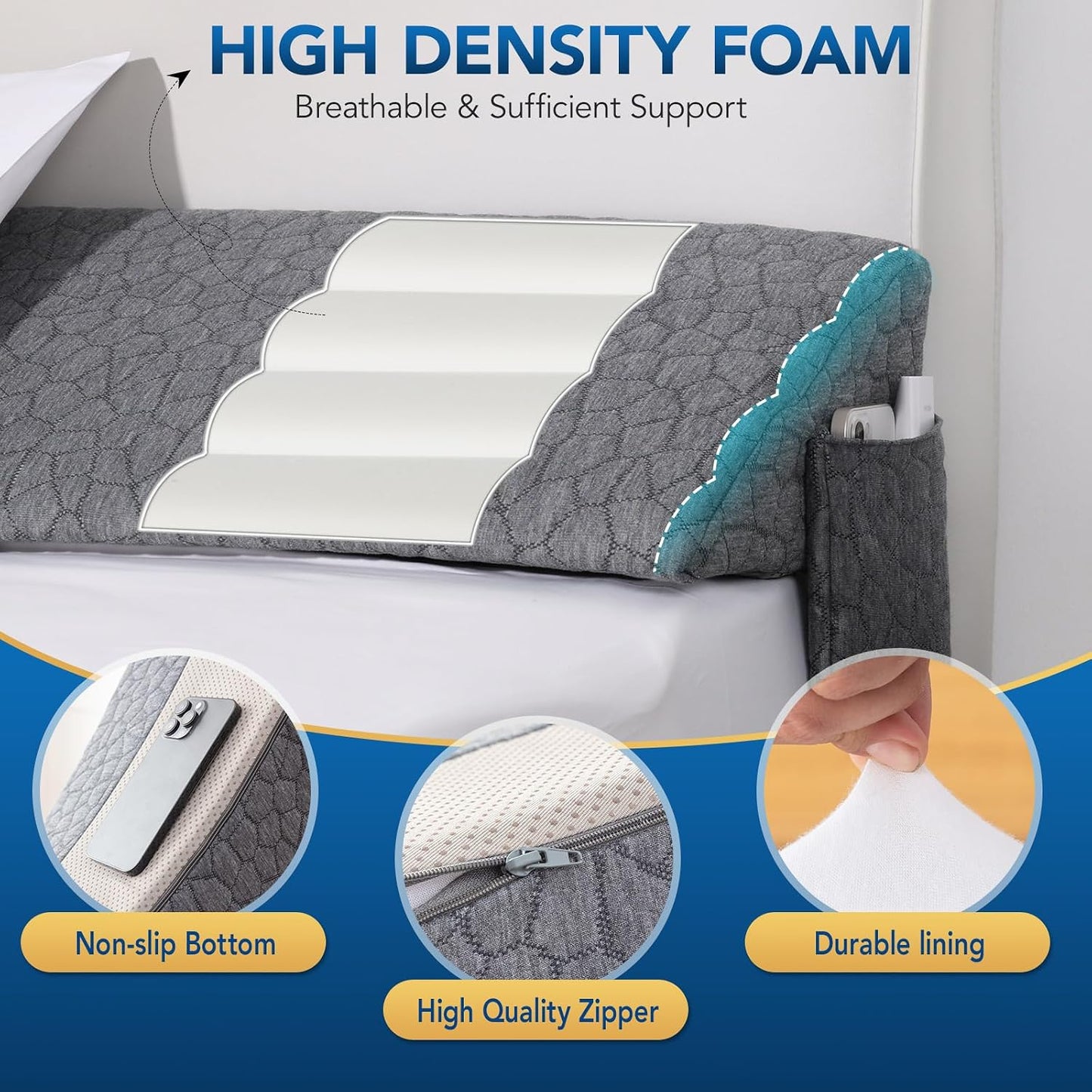Patented Bed Wedge Pillow for Headboard Gap, Filler Between Mattress Gaps (0-7"), Comfortable Supportive High Density Cushioned Foam Pillows, Stay in Place Gripping Dots, King Soft Gray (76"x10"x6")