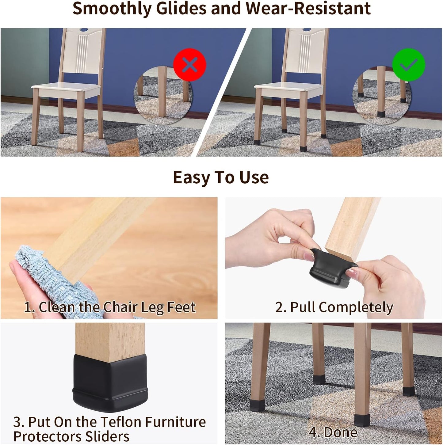 Ezprotekt Chair Leg Sliders for Carpet, 24 Pcs Square Chair Glides for Carpet, Carpet Furniture Pads Stool Leg Protectors Caps, Carpet Furniture Glides Quickly and Easily (L Fit:1" - 1.4")