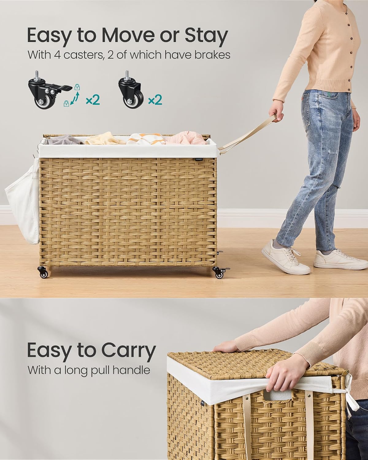 SONGMICS Laundry Hamper with Lid, 42.3 Gallons (160 L), Rolling Laundry Basket with Wheels, 3-Section Synthetic Rattan, Removable Liner, Bedroom, 29.9 x 13 x 26 Inches, Natural ULCB365N01