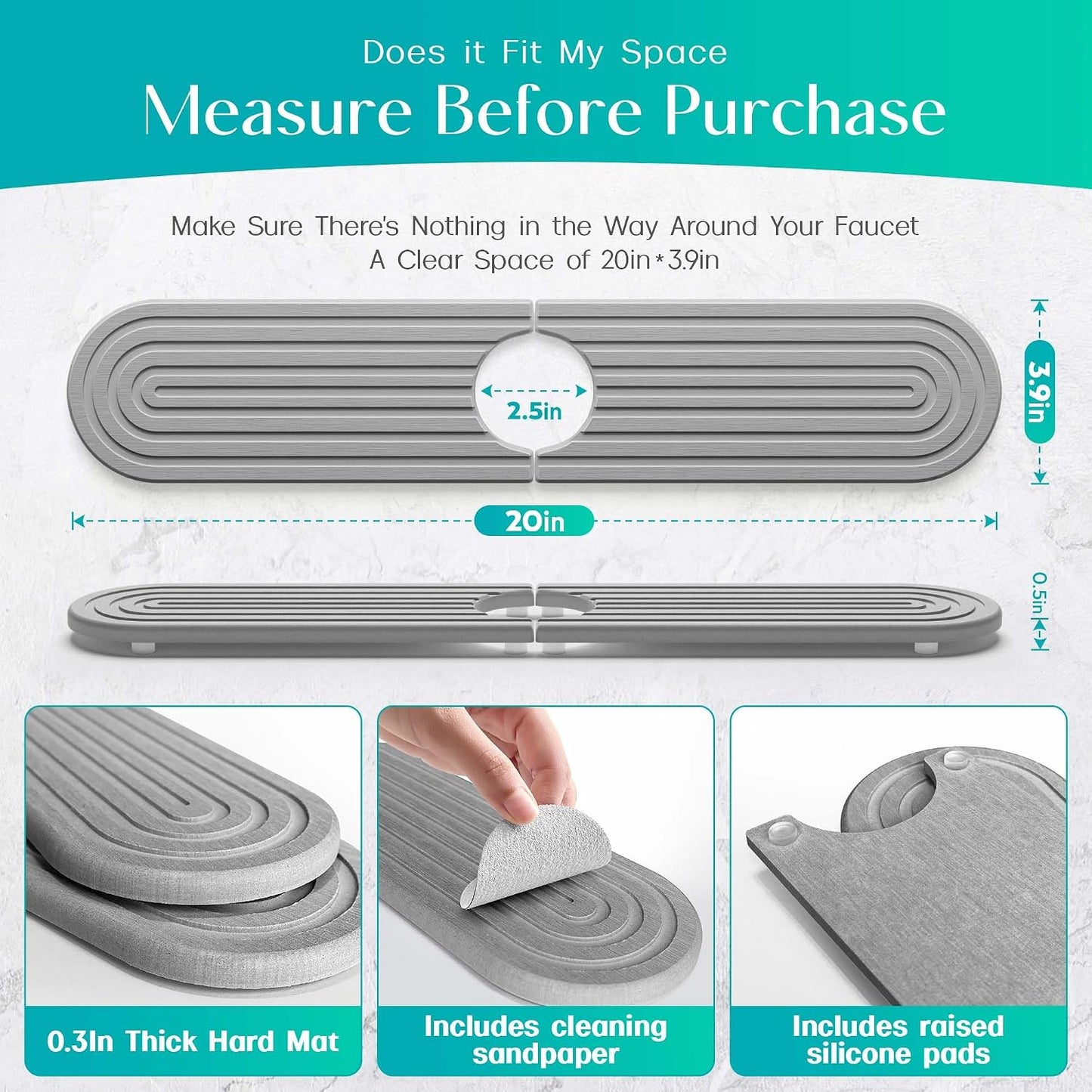 Stone Faucet Mat for Kitchen Sink – Diatomite Fast-Drying Stone Tray, Faucet Mat Sink Splash Guard, Decorative Sink Protector for Kitchen Bathroom Counter (Light Grey, 20''x3.9'')