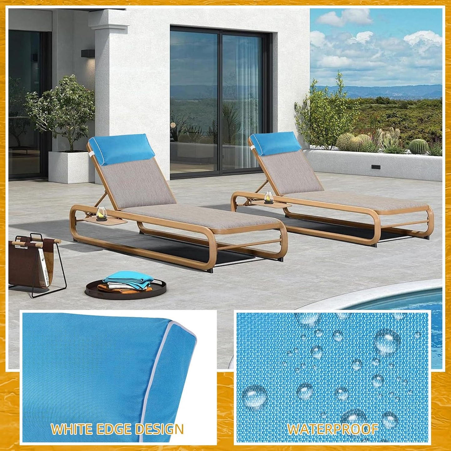 2 Pack Outdoor Chaise Lounge Head Pillow, Patio Pool Chair Pillows Water Resistant Headrest Pillow Lumbar Pillows with Insert and Adjustable Elastic Strap for Recliner Beach Chair, Dark Gray