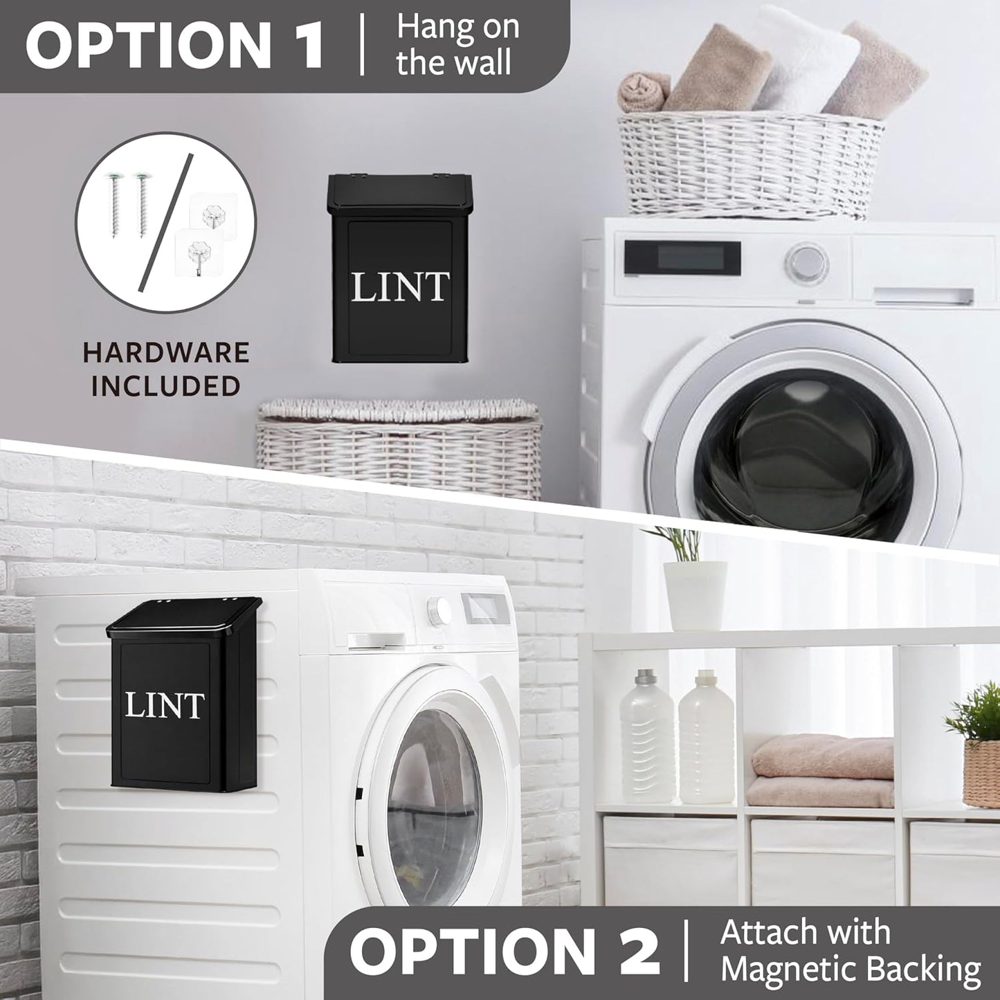 Calindiana Modern Farmhouse Metal Magnetic Lint Bin with Lid and Laundry Room Organization and Storage Wall Mount Space Saving Washer and Dryer Trash Can (White (LINT Brush Set))
