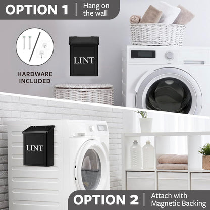 Calindiana Modern Farmhouse Metal Magnetic Lint Bin with Lid and Laundry Room Organization and Storage Wall Mount Space Saving Washer and Dryer Trash Can (White (LINT Brush Set))