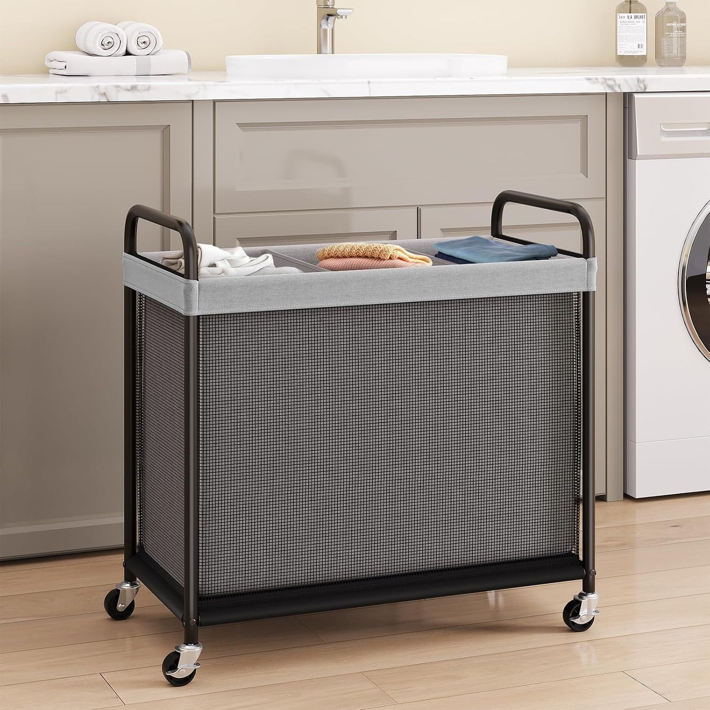 ELYKEN Laundry Hamper 2 Section, 100L Rolling Laundry Sorter with Wheels | Removable Washable Liner Bags, Sturdy Steel Frame and Metal Handle, Double Compartment Clothes Organizer for Laundry Sorting