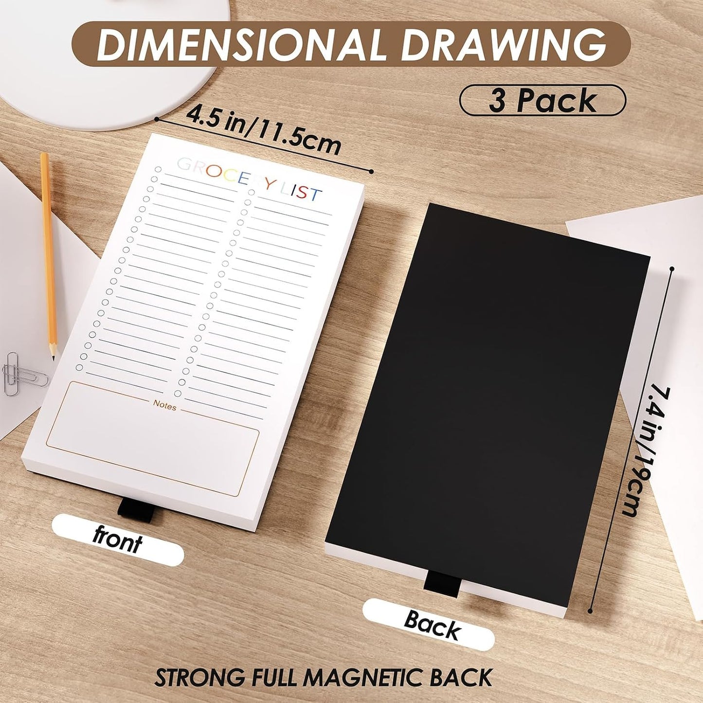 Magnetic Grocery List Pad for Fridge, 3 Pack Notepads | Strong Full Back Magnet with Pen Holder, 3 Pads, 180 Sheets for Grocery Lists, Meal Plans and To Do Lists