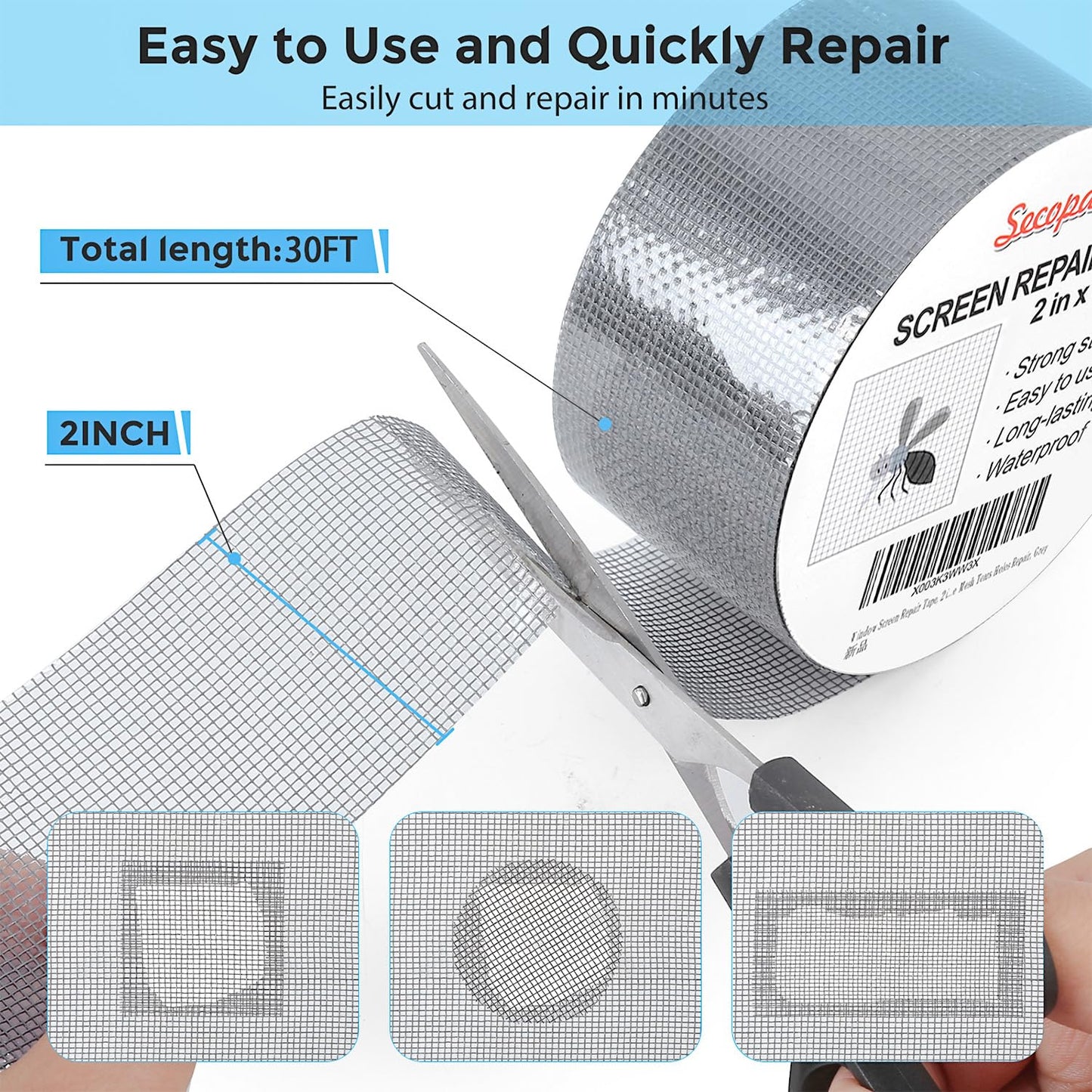 Secopad 2" x 420" (35FT) Screen Repair Tape, Screen Repair Kit, Black | Window Screen Patch, Quick Repair, Strong Adhesive, Easy to Use, For Mesh Window & Door, Cuttable Fiberglass, No Tools Needed