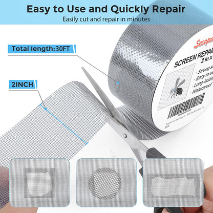 Secopad 2" x 420" (35FT) Screen Repair Tape, Screen Repair Kit, Black | Window Screen Patch, Quick Repair, Strong Adhesive, Easy to Use, For Mesh Window & Door, Cuttable Fiberglass, No Tools Needed