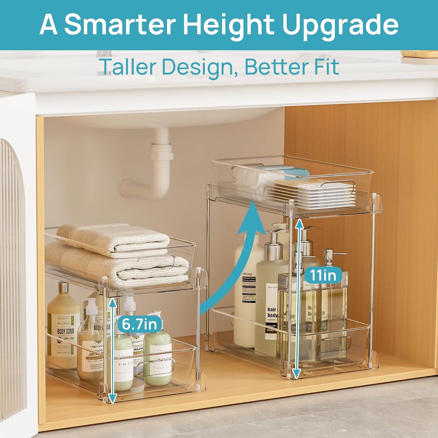 Vtopmart 2 Pack Pull Out Bathroom Under Sink Organizer (S-Standard) | Slide-out drawers, Multi-purpose storage, Clear visibility, Easy Set-up