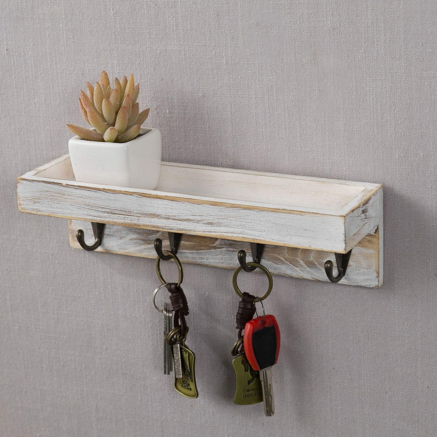 MyGift 10 Inch Brown Wood Wall Mounted Floating Shelf Key Rack with 4 Hooks | Four Metal Hooks, Space Saving Storage, Entryway Organization, Rustic Accent, Keys Mail Accessories Display