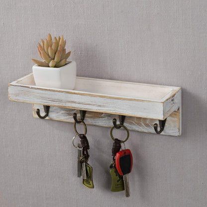 MyGift 10 Inch Brown Wood Wall Mounted Floating Shelf Key Rack with 4 Hooks | Four Metal Hooks, Space Saving Storage, Entryway Organization, Rustic Accent, Keys Mail Accessories Display