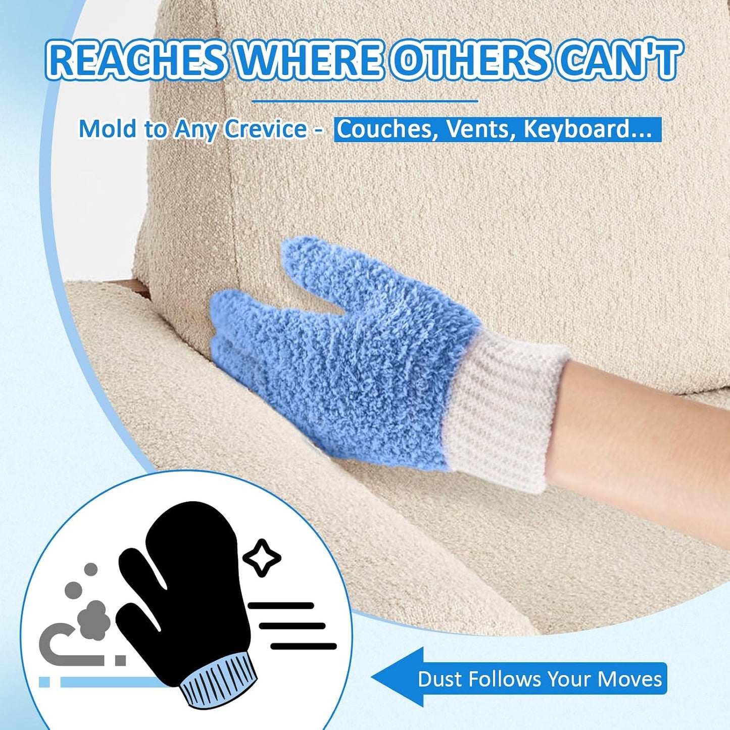 MIG4U Microfiber Dusting Gloves House Cleaning Glove for Blinds, Windows, Shutters, Furniture, and Car, Reusable Lint-Free Blue 1 Pair S/M