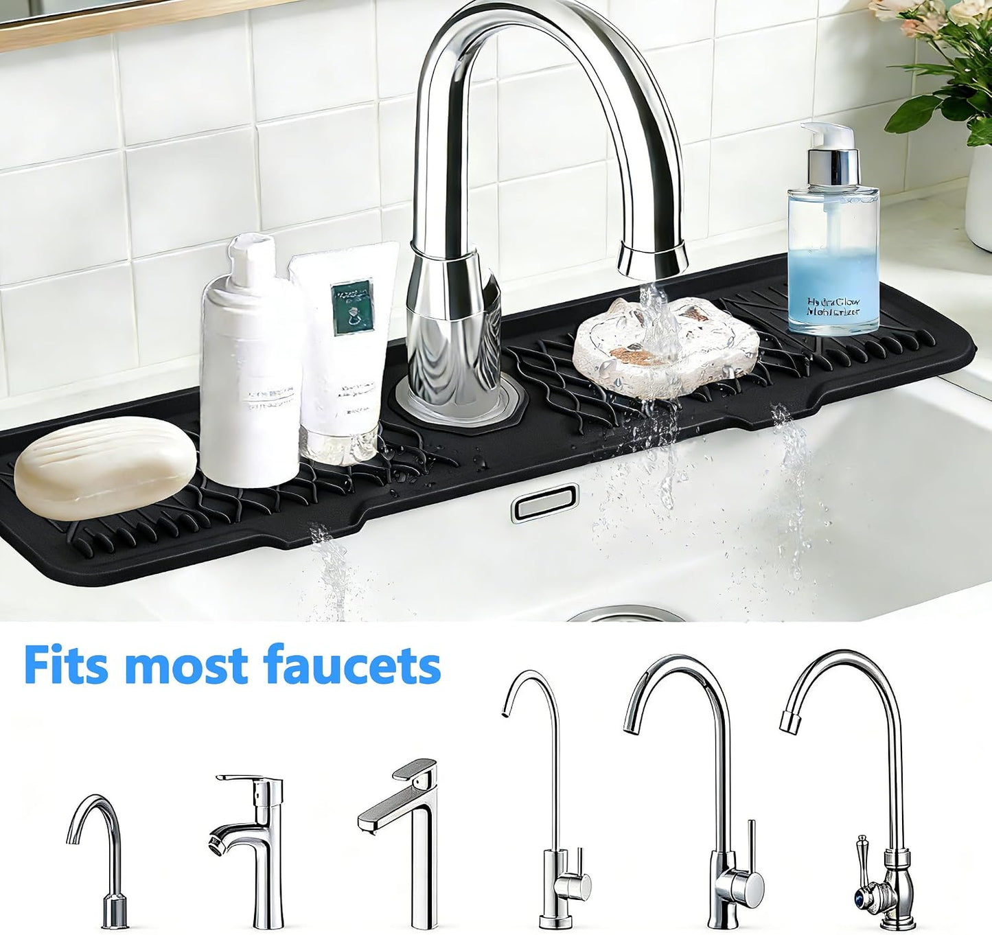Kitchen Sink Splash Guard Gen2-30" x 6'' Silicone Sink Mat Splash Guard fit for Countertop, Bathroom,Farmhouse,RV by EBIGIC (Grey)