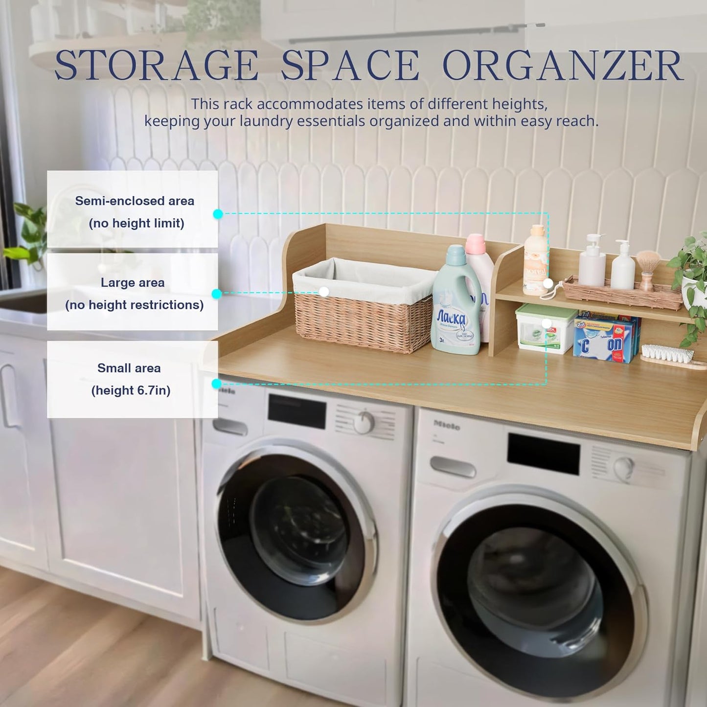 DTK Washer Dryer Wood Countertop with Shelf, Laundry Topper with Non-Slip Mat,27.55" Depth x 54" Width Dryer Covers for The Top with Edge Rails, Black