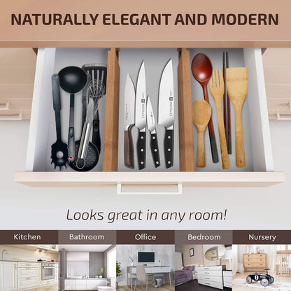 4-Pack Drawer Dividers 2.6-Inch High Dresser Organizer 16 to 22 Inch, Black | Bamboo, Spring Loaded, No Tools Needed, Fits Wide Drawers for Socks, Clothes, Utensils, Bedroom, Bathroom, Kitchen, Office
