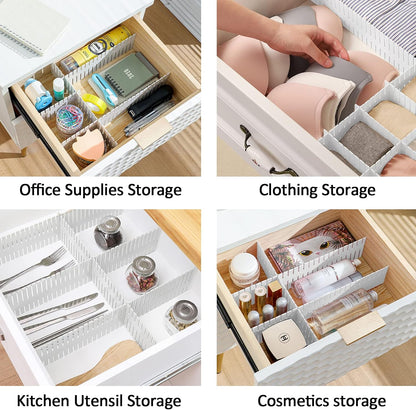 14.5 in White Adjustable Drawer Dividers, TWUTGAYW 8PC DIY Grid Drawer Organizer Dividers, Plastic Organizer Separator for Socks Underwear Makeup Cosmetic Clothes Can Help Tidy Kitchen Bedroom Dresser