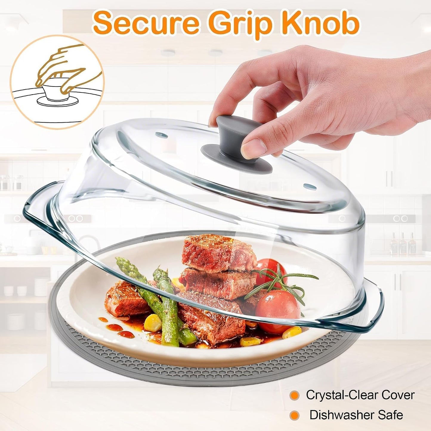 Glass Microwave Splatter Cover for Food with Microwave Place Mat - Sturdy Plate Guard Lid with Vent Holes and Easy-Grip Silicone Handle - BPA Free, Dishwasher Safe (Black)