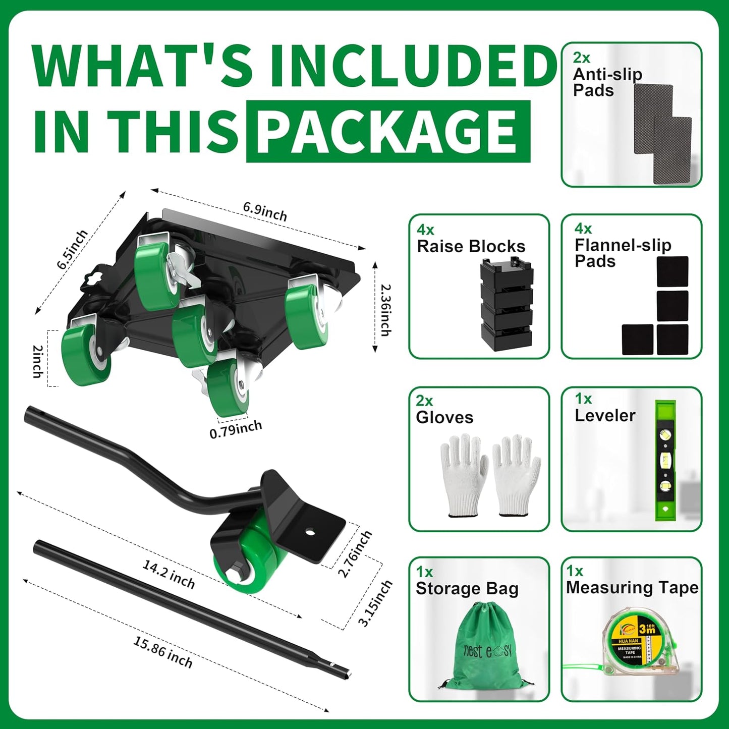 Heavy Duty Furniture Dolly 360 Rotate 5 Wheels 3000 Lbs Capacity 5.3x5.3 in | Furniture Movers with Green Wheels, Measure Tape & Leveler, Alloy Steel Furniture Lifter Tool for Smooth Home & Office Uses