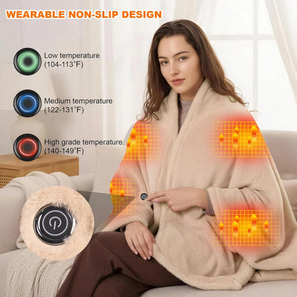 Heated Blanket Battery Operated with Fleece Lining 7.4V 16000mAh Battery 62" x 35" Heated Shawl Wraps for Women Men Cordless USB Outdoor Portable Electric Blanket 6 Heating Zones Khaki
