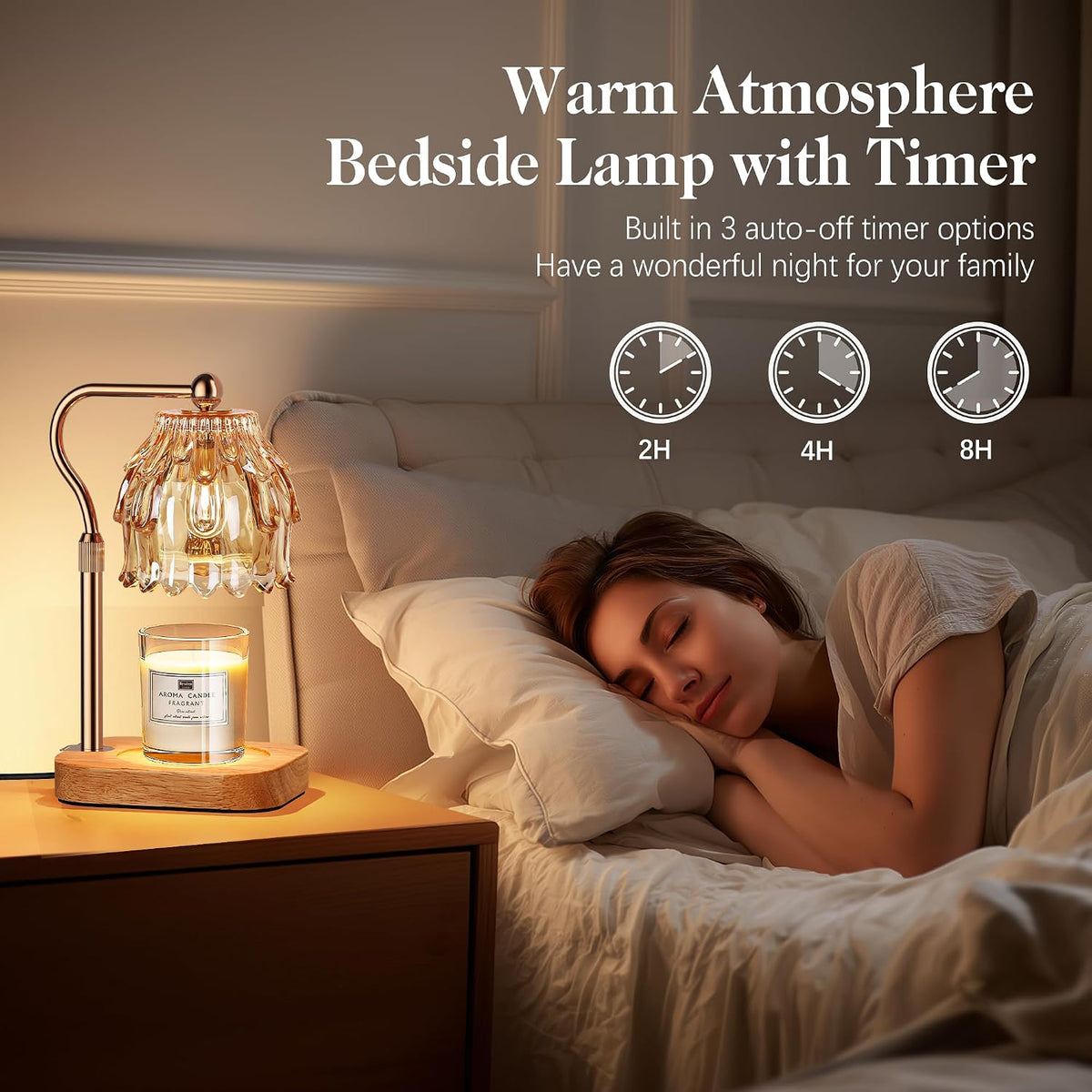 Candle Warmer Lamp with Timer Dimmer, Modern Wax Warmer for Scented Wax Jar Candle Warmer with 2 Bulbs, Adjustable Height Glass Lamp for Gifts for Women, Home Decor, Gold Amber