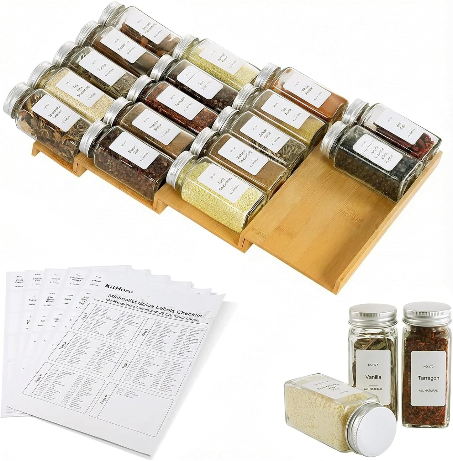Spice Drawer Organzier,4 Tiers Bamboo Spice Rack Tray Insert for Cabinet Drawer Countertop, Kitchen Seasoning Storage Drawer Organization,14.57" Wide x 15.8" Deep （Hold UP To 32 Jars