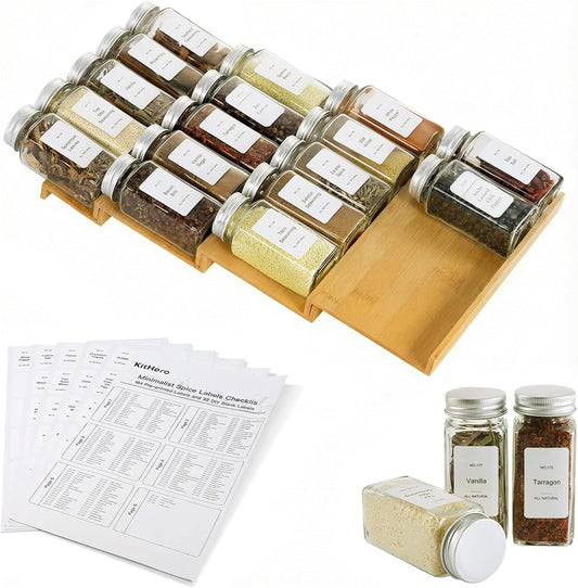 Spice Drawer Organzier,4 Tiers Bamboo Spice Rack Tray Insert for Cabinet Drawer Countertop, Kitchen Seasoning Storage Drawer Organization,14.57" Wide x 15.8" Deep （Hold UP To 32 Jars