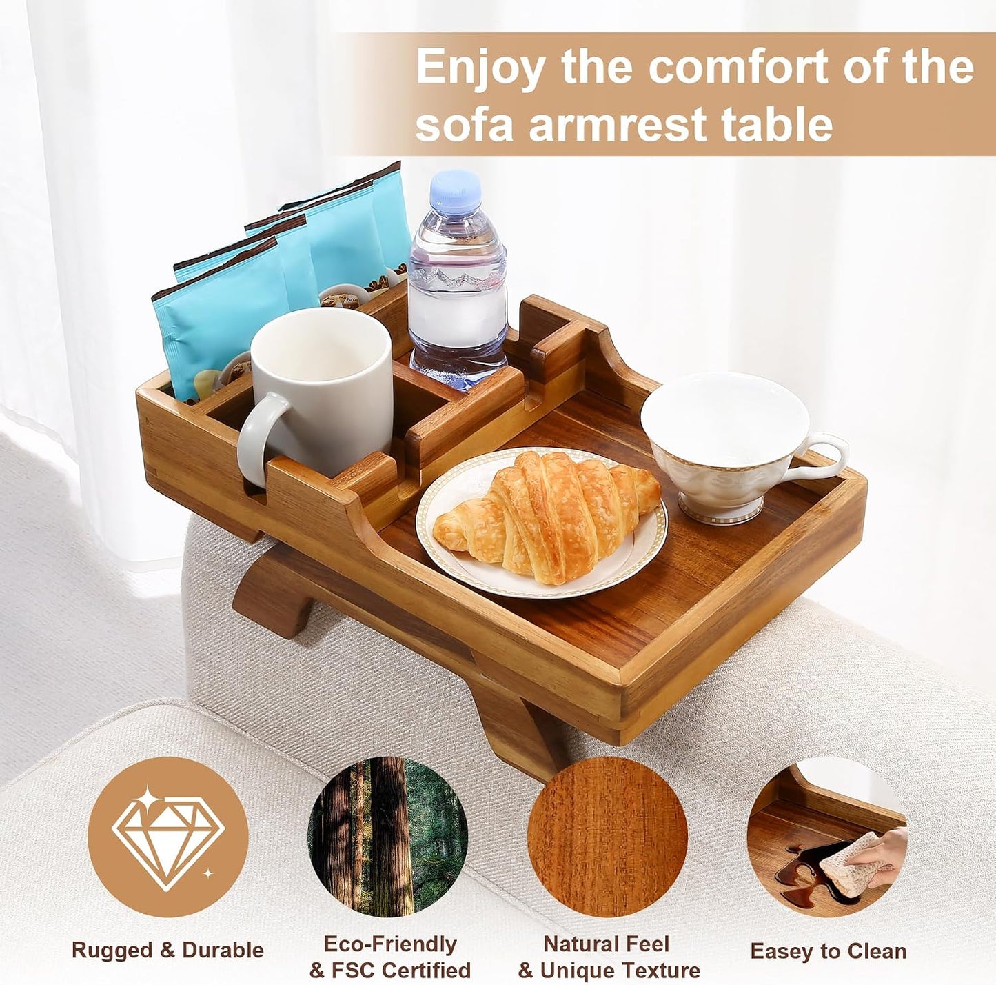 Couch Armrest Table, Acacia Wood Sofa Arm Table with 2 Cup Holders, 15.4"x9.8" Large Foldable Clip on Couch Arm Tray Table with Remotes Storage Slot