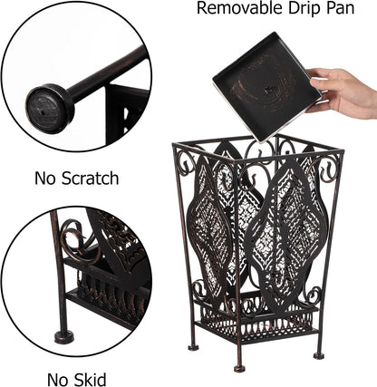 Dualplex Umbrella Holder Umbrella Stand Rack Metal Entry Hallway Décor w/Removable Drip Tray for Home Office Holds Umbrellas Canes Walking Sticks 16" Tall (Square, Antique)