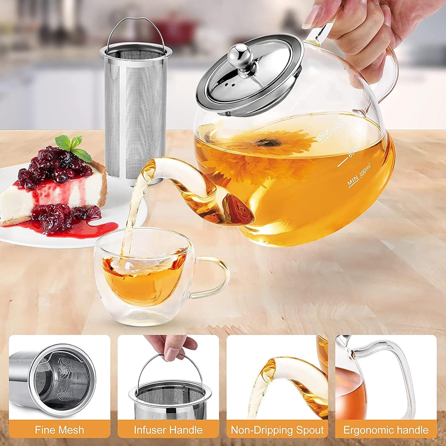 Glass Teapot, 40oz/1200ml Tea Pot with Removable Infuser for Loose Tea | Stovetop Safe Borosilicate Glass Tea Kettle with Strainer and Lid, Hand Crafted Clear Teapot with Scale Line,Tea Brewer Guide