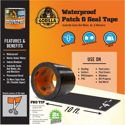 GORILLA Waterproofing Tape, Permanent, Black, 4" x 10', 1-Pack | Weather Resistant Seal for Leaks & Repairs, Air & Moisture Barrier, Bonds Metal, Plastic, Wood, Rubber & Vinyl