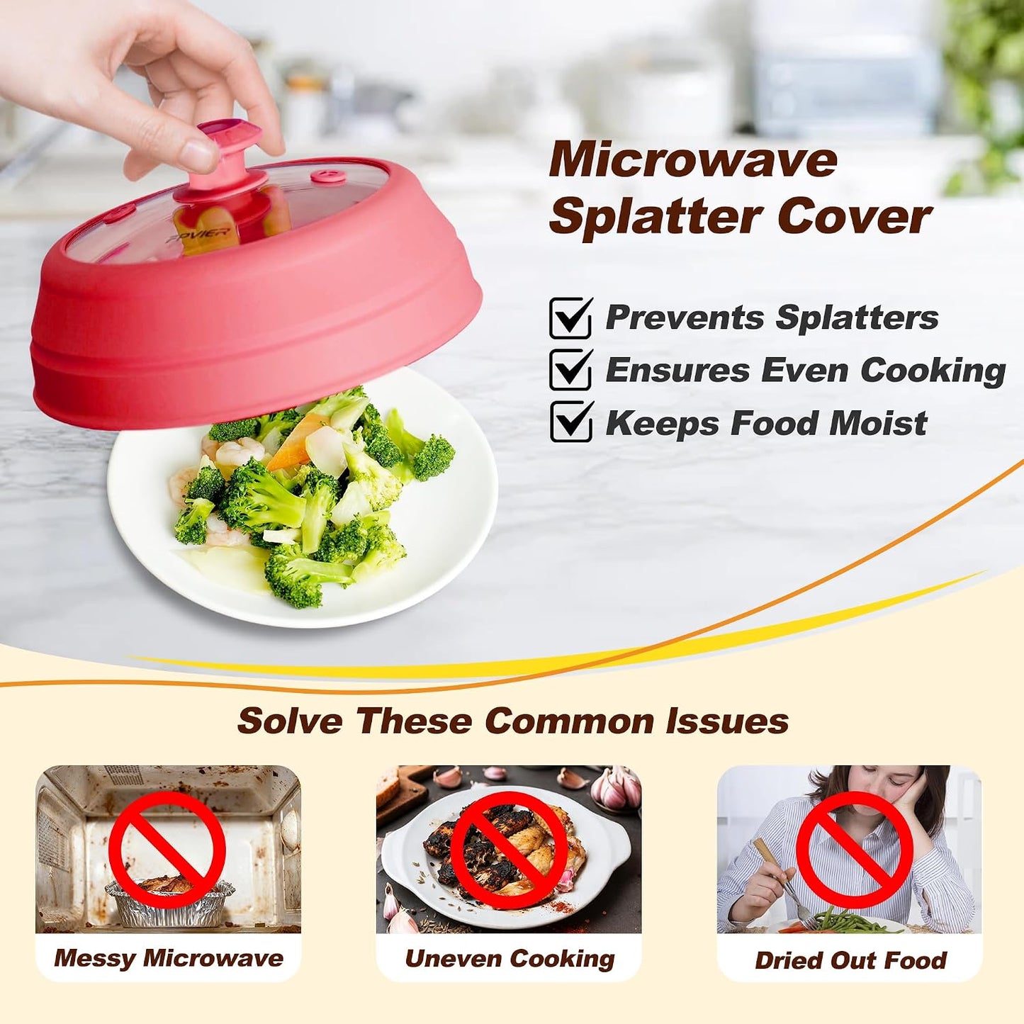 Microwave Splatter Cover, Vented Silicone & Glass Anti-Splatter Lid with Handle, Collapsible Food Plate Cover Fits 6–11 Inch Plates and Bowls (Black, 10.8inch)