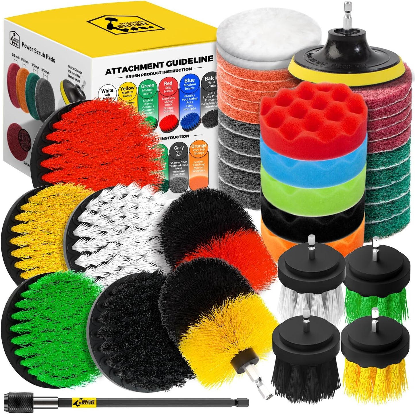 Holikme 40 Piece Drill Brush Attachment Set and Scrub Pad Set for Clean | 11 nylon brushes, 20 scouring pads, 5 sponges, 2 wool pads, 4-inch backer and extension, for car, grout, tiles